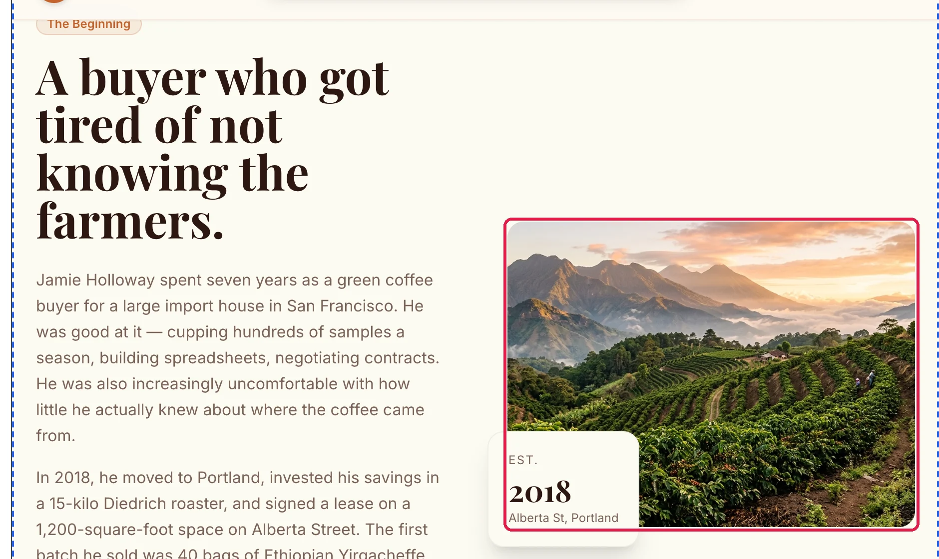 The Northwind About page in the preview, with the terraced coffee farm photo outlined next to the story text