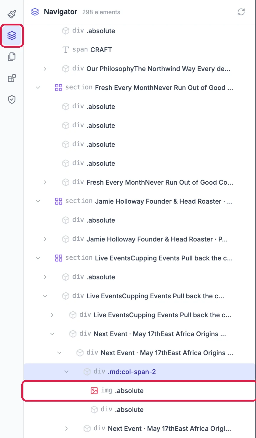 The Navigator with the layers icon outlined in the left strip and an img row outlined inside the Live Events section