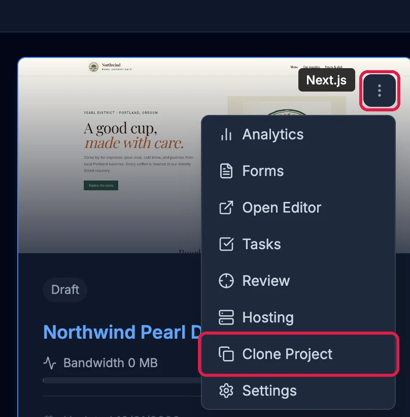 The Northwind Pearl District card with its three-dot button, outlined, and its menu open on Analytics, Forms, Open Editor, Tasks, Review, Hosting, Clone Project, outlined, and Settings