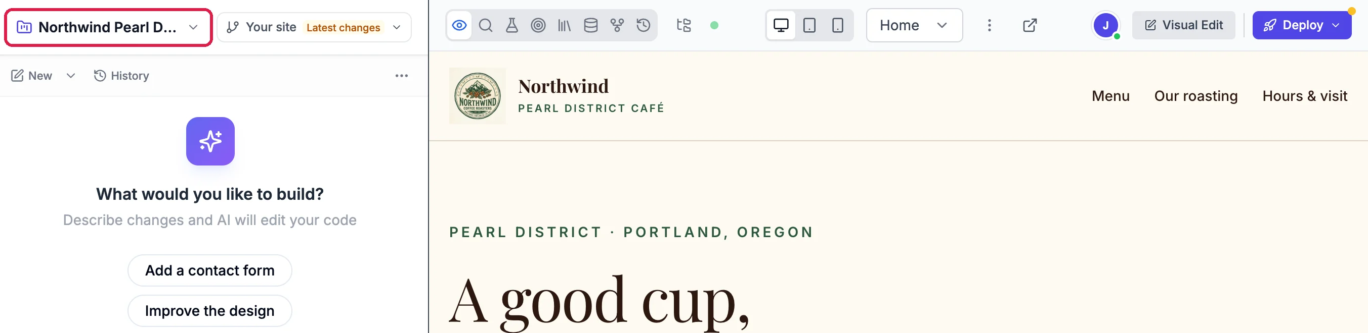 The builder with the site name Northwind Pearl D..., outlined, a new chat, and the preview of the copied Pearl District café home page
