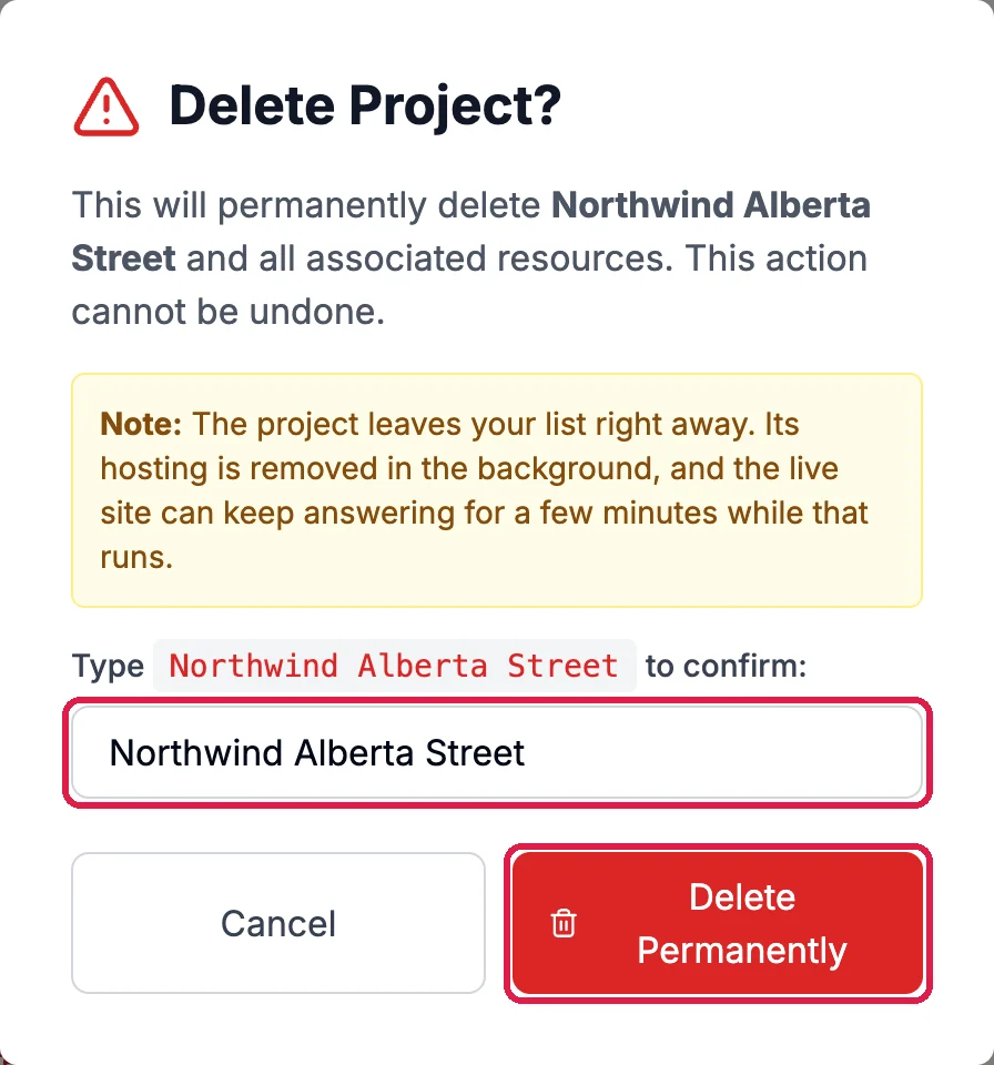 Delete Project? This will permanently delete Northwind Alberta Street, with the note that the project leaves your list right away, the name typed to confirm, outlined, and Delete Permanently, outlined