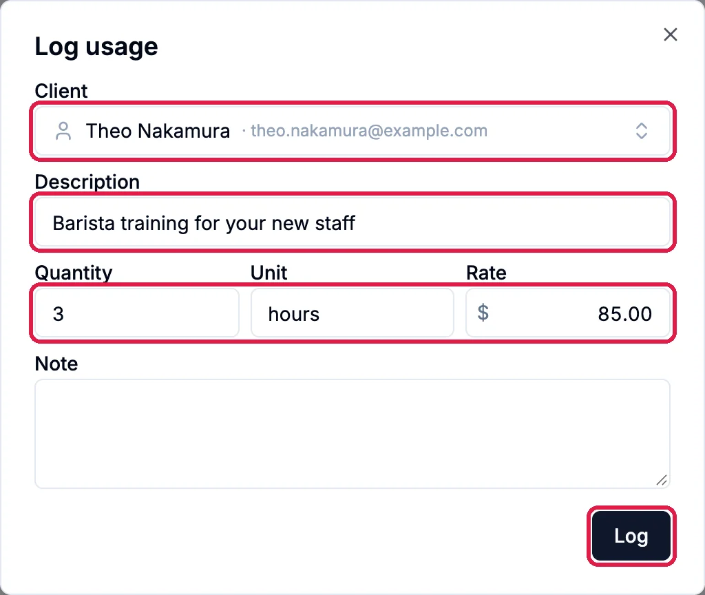 The Log usage dialog with Client Theo Nakamura, Description Barista training for your new staff, and Quantity 3, Unit hours, Rate 85.00 outlined, and the Log button outlined