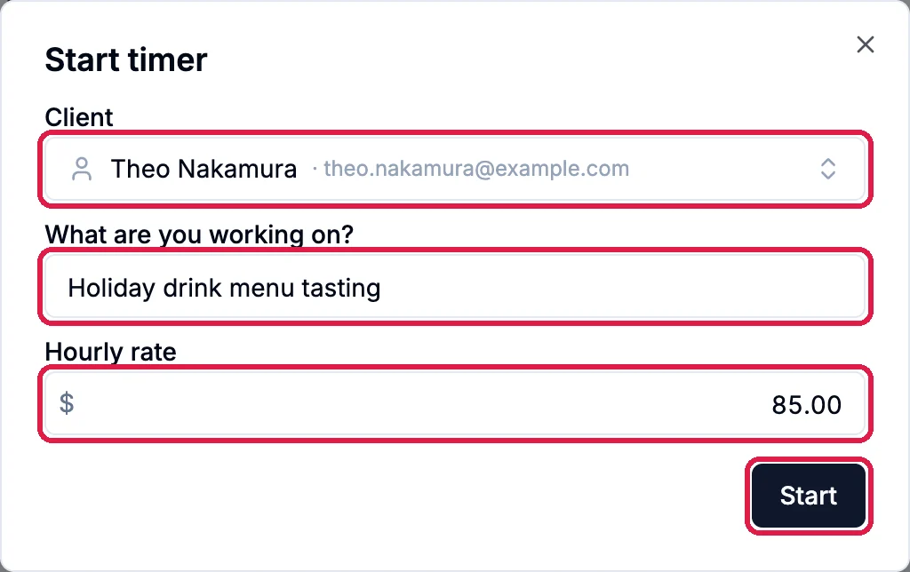 The Start timer dialog with Client Theo Nakamura, What are you working on? Holiday drink menu tasting, Hourly rate 85.00, and the Start button, each outlined