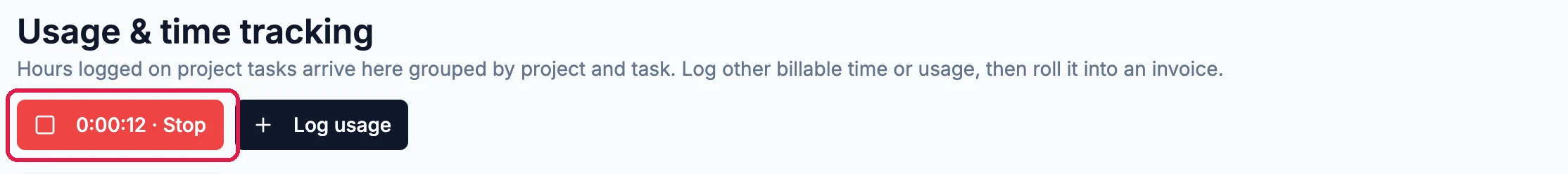 The Usage page with the timer button reading 0:00:12, Stop, outlined, next to Log usage