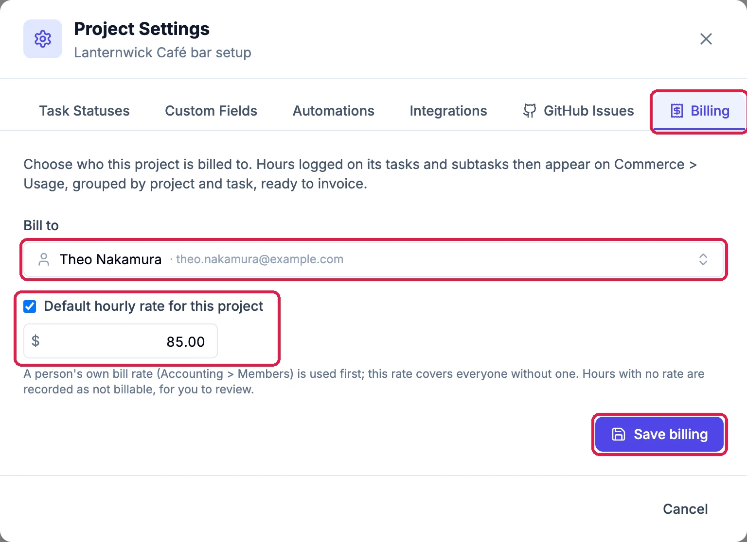 Project Settings for Lanternwick Café bar setup with the Billing tab outlined, Bill to Theo Nakamura outlined, Default hourly rate for this project ticked with 85.00 outlined, and the Save billing button outlined