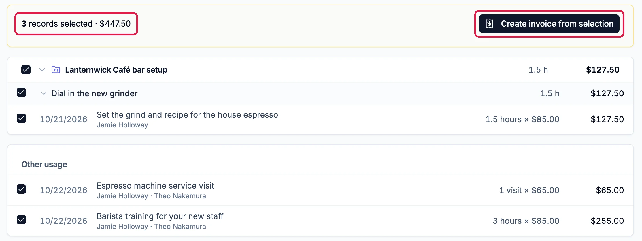The Unbilled tab with the project Lanternwick Café bar setup and its task's 1.5 hours ticked, and both Other usage entries ticked; 3 records selected, $447.50, outlined, and the Create invoice from selection button outlined