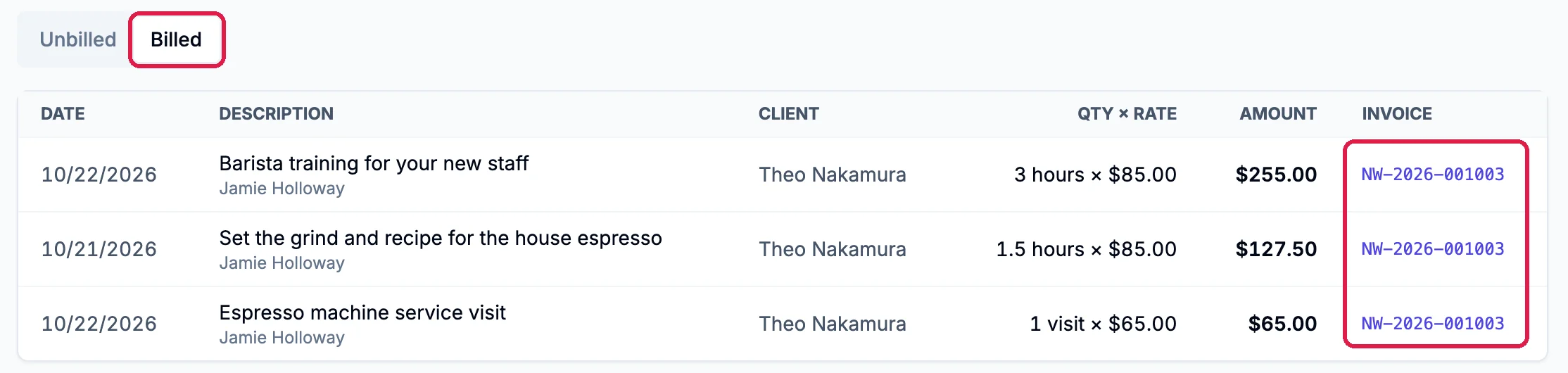 The Billed tab outlined, listing the three entries for Theo Nakamura, with the invoice number NW-2026-001003 beside each outlined
