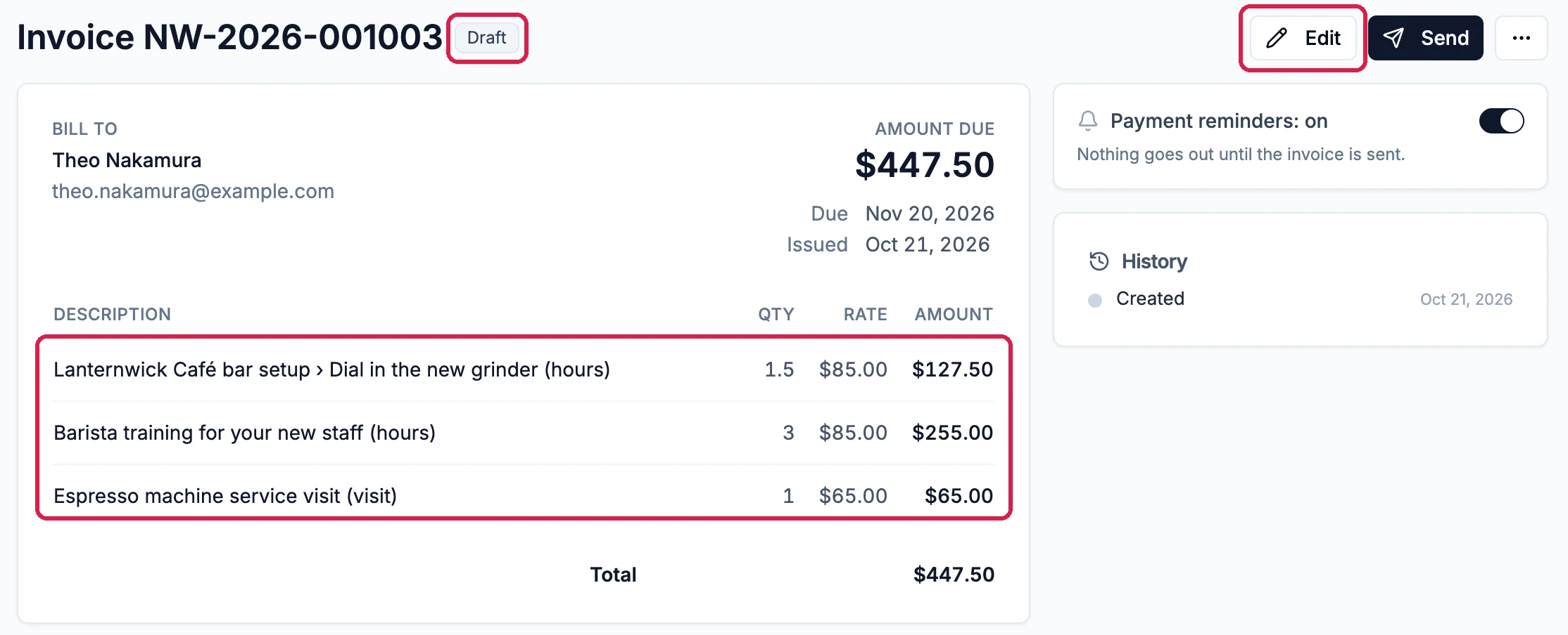 Invoice NW-2026-001003 with the Draft badge outlined, the Edit button outlined, Bill to Theo Nakamura, $447.50 due Nov 20, 2026, and the three lines outlined: Lanternwick Café bar setup, Dial in the new grinder (hours) 1.5 at $85.00; Barista training for your new staff (hours) 3 at $85.00; Espresso machine service visit (visit) 1 at $65.00