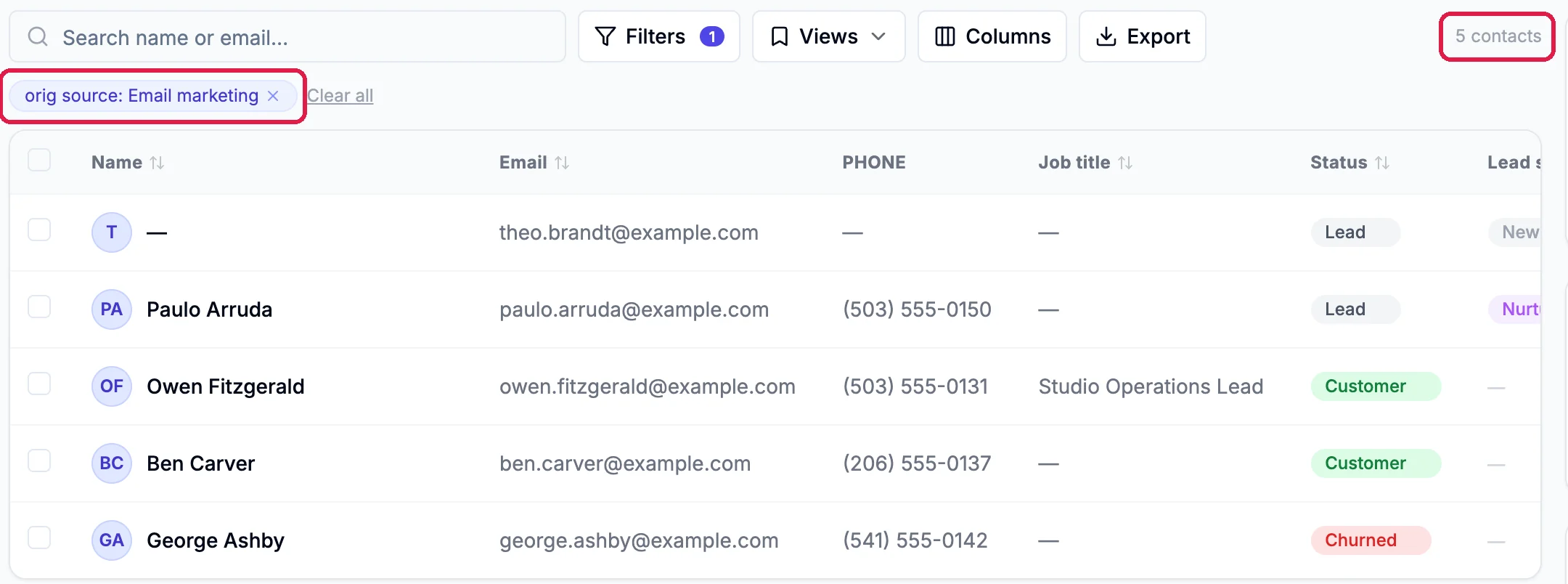 Contacts filtered by orig source: Email marketing, outlined, with 5 contacts, outlined, including theo.brandt@example.com