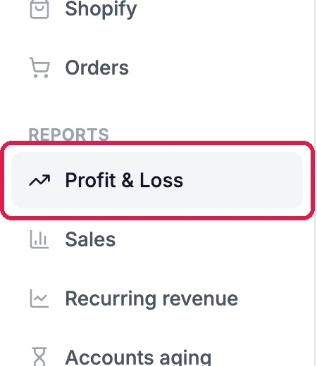 The Commerce list with Reports and Profit & Loss outlined, above Sales, Recurring revenue and Accounts aging