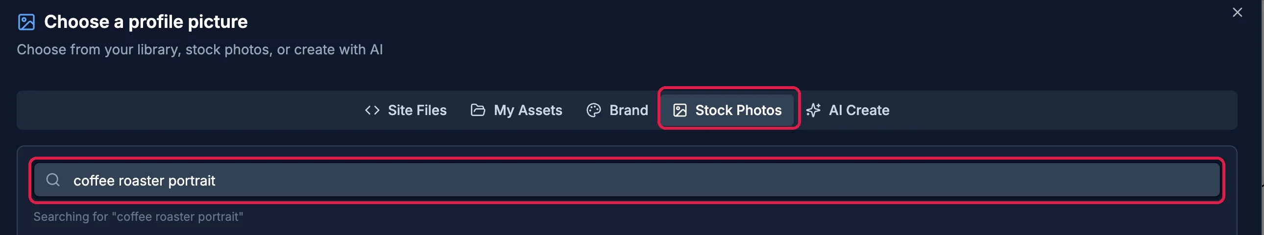 Choose a profile picture, with the Stock Photos tab outlined and the search coffee roaster portrait outlined
