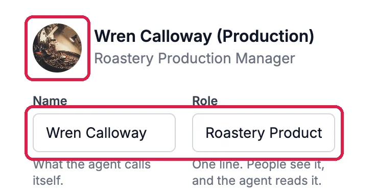 The new picture, outlined, beside Wren Calloway (Production), Roastery Production Manager, and the Name box Wren Calloway and the Role box, outlined