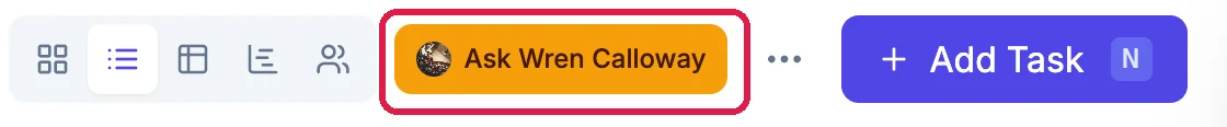 The PM Projects toolbar with the button Ask Wren Calloway, with the agent's picture, outlined