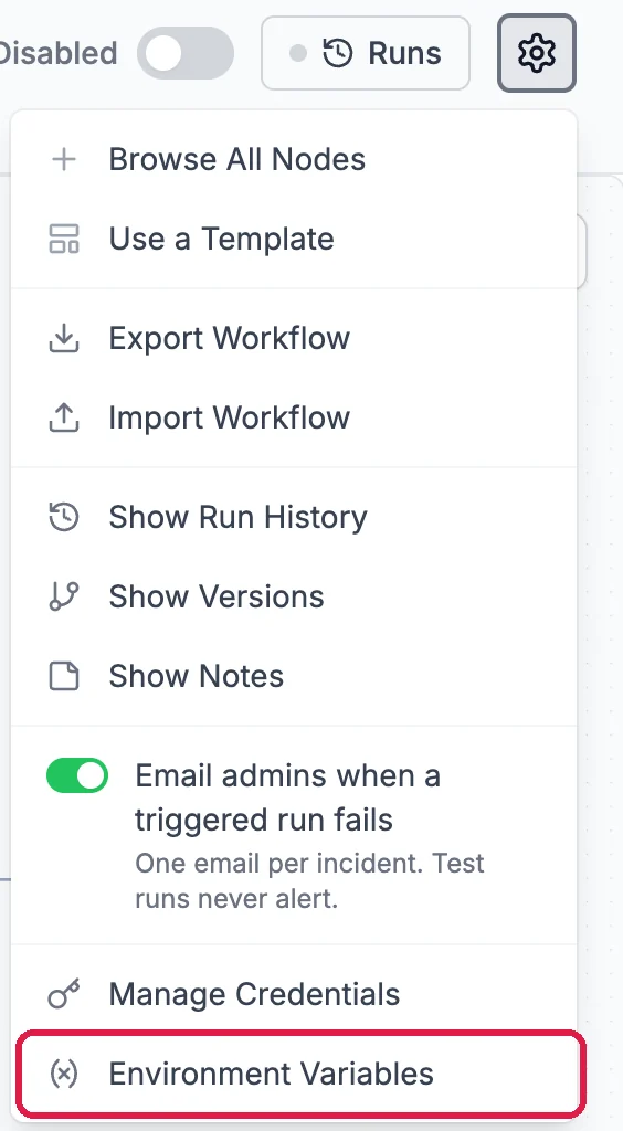 The editor's gear menu with Environment Variables outlined at the bottom, below Manage Credentials