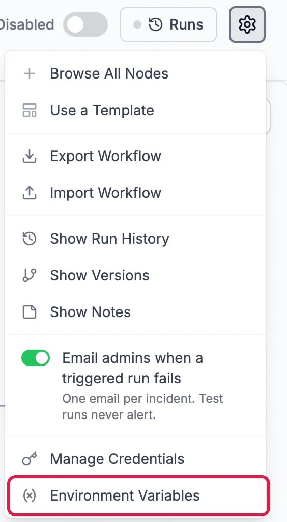 The editor's gear menu with Environment Variables outlined at the bottom, below Manage Credentials