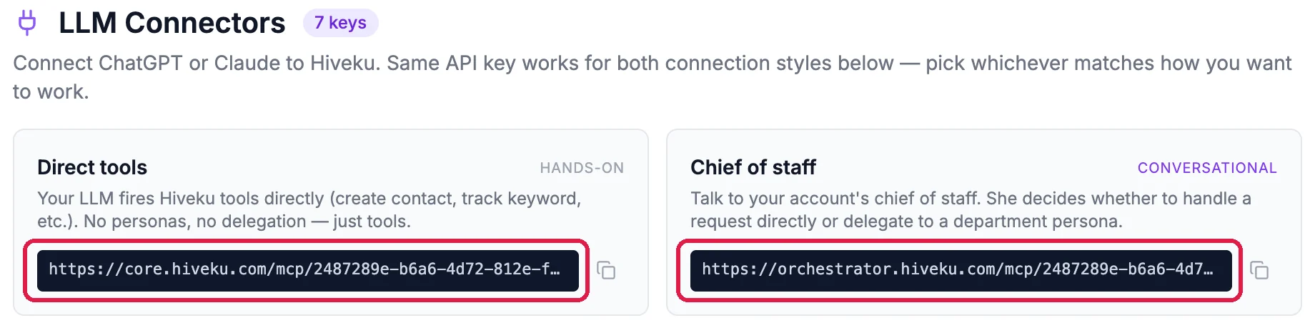 LLM Connectors: Direct tools, Hands-on, with its address, outlined; and Chief of staff, Conversational, with its address, outlined; each with a copy button