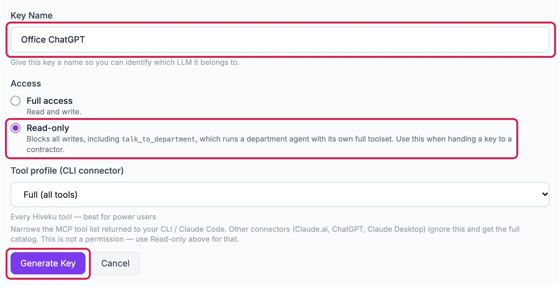 Key Name Office ChatGPT, outlined; Access, Read-only chosen, outlined; Tool profile Full (all tools); and Generate Key, outlined
