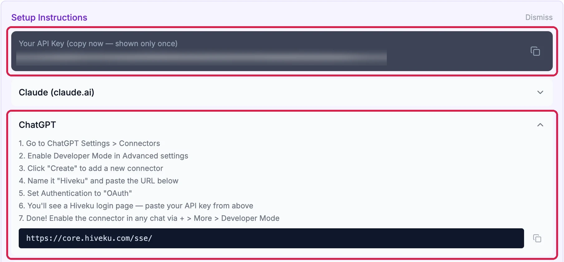 Setup Instructions: Your API Key, copy now, shown only once, outlined, with the key hidden; Claude (claude.ai); and ChatGPT opened, outlined, with seven steps and the address to paste