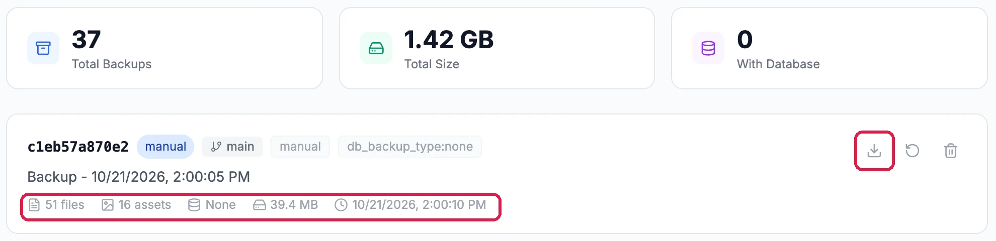 37 Total Backups, 1.42 GB Total Size, 0 With Database, and the new backup: manual, main, Backup 10/21/2026 2:00:05 PM, with 51 files, 16 assets, None, 39.4 MB and the time, outlined, and the download button, outlined