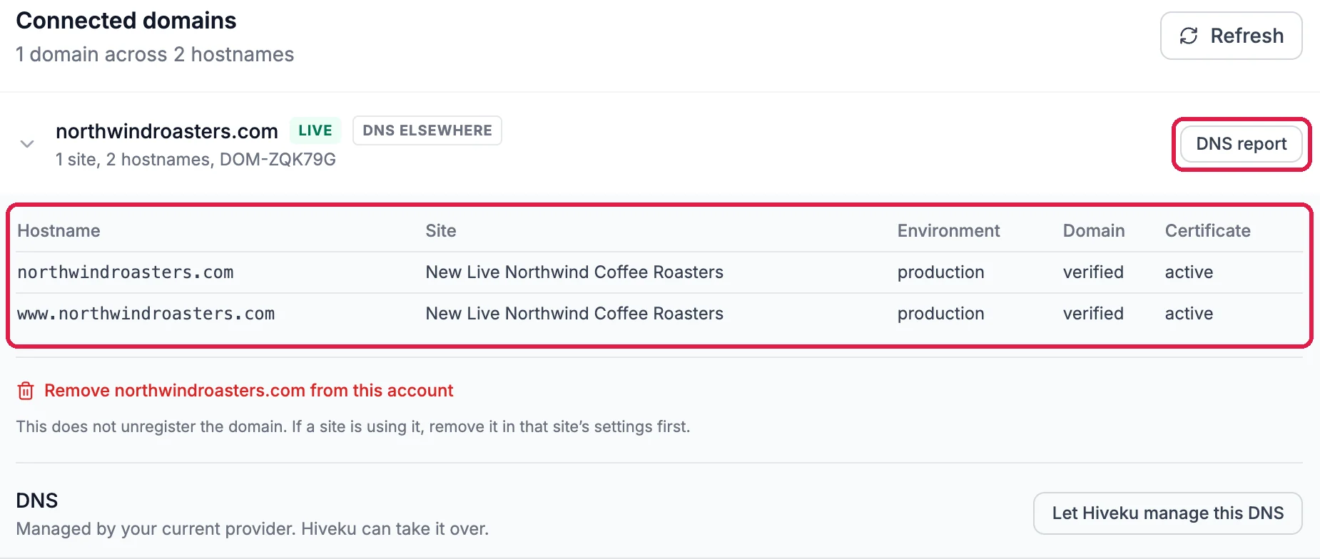 Connected domains with northwindroasters.com marked Live and DNS elsewhere, its DNS report button outlined, and its table of two hostnames, the site New Live Northwind Coffee Roasters, the environment, and verified and active, outlined