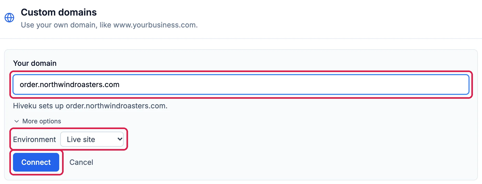 Custom domains with Your domain order.northwindroasters.com outlined, More options open with Environment Live site outlined, and the Connect button outlined