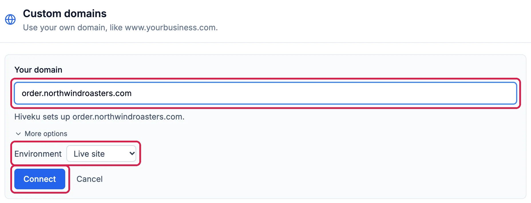 Custom domains with Your domain order.northwindroasters.com outlined, More options open with Environment Live site outlined, and the Connect button outlined