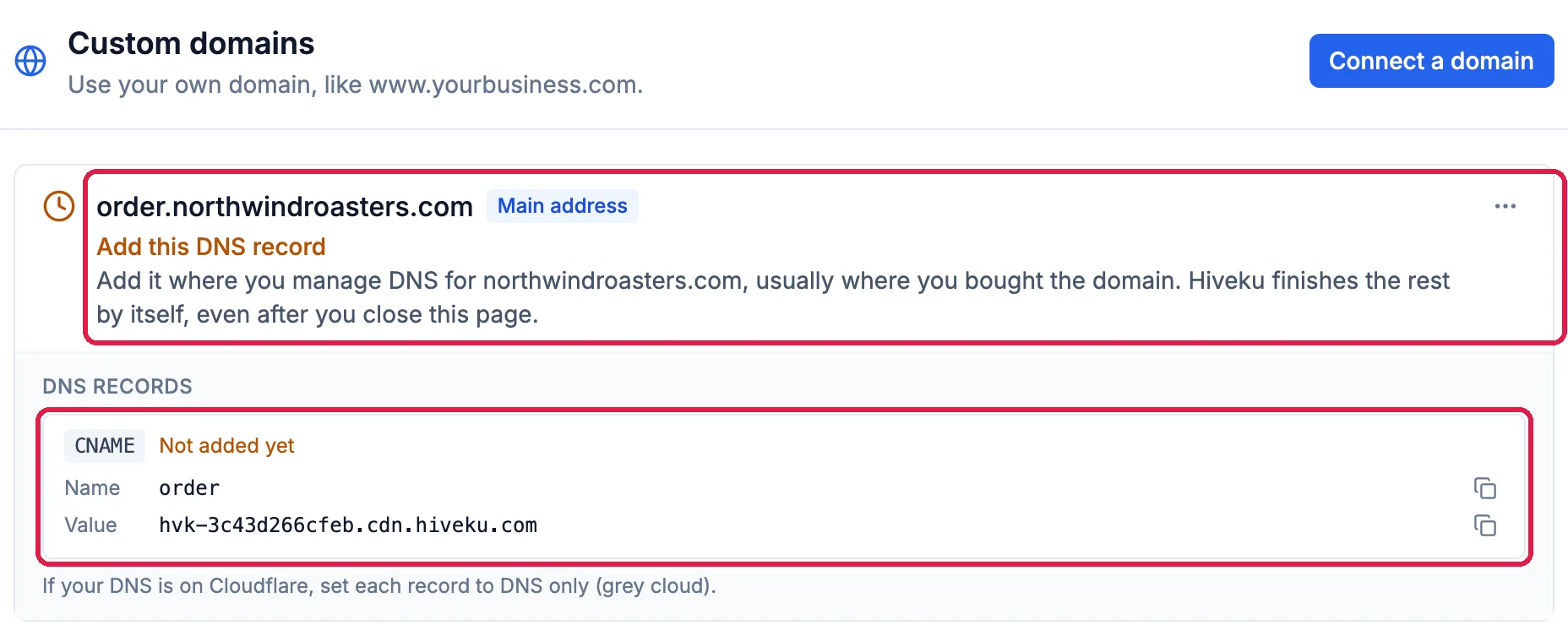 order.northwindroasters.com, Main address, Add this DNS record with its explanation, outlined; and the DNS record, CNAME Not added yet, Name order and its Value, outlined