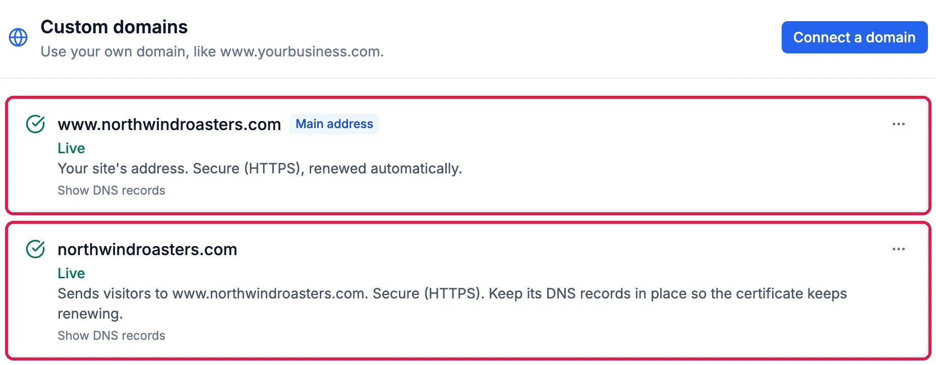 www.northwindroasters.com, Main address, Live, Your site's address, Secure (HTTPS), renewed automatically, outlined; and northwindroasters.com, Live, Sends visitors to www.northwindroasters.com, outlined