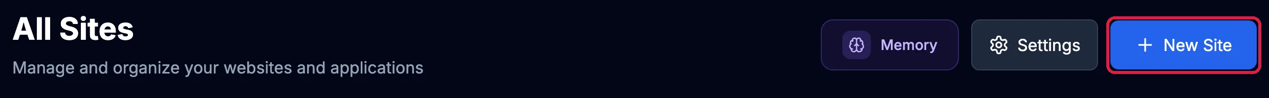 The top of All Sites with the Memory, Settings and New Site buttons, with New Site outlined