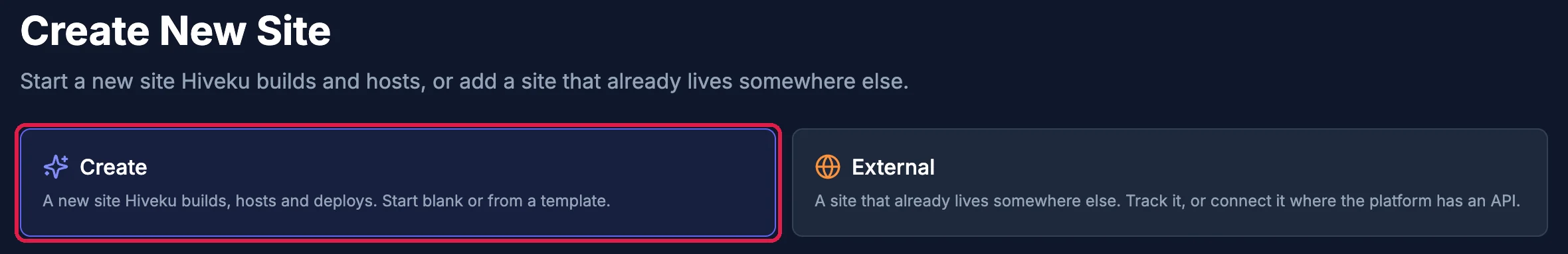 Create New Site with the Create choice outlined and External beside it