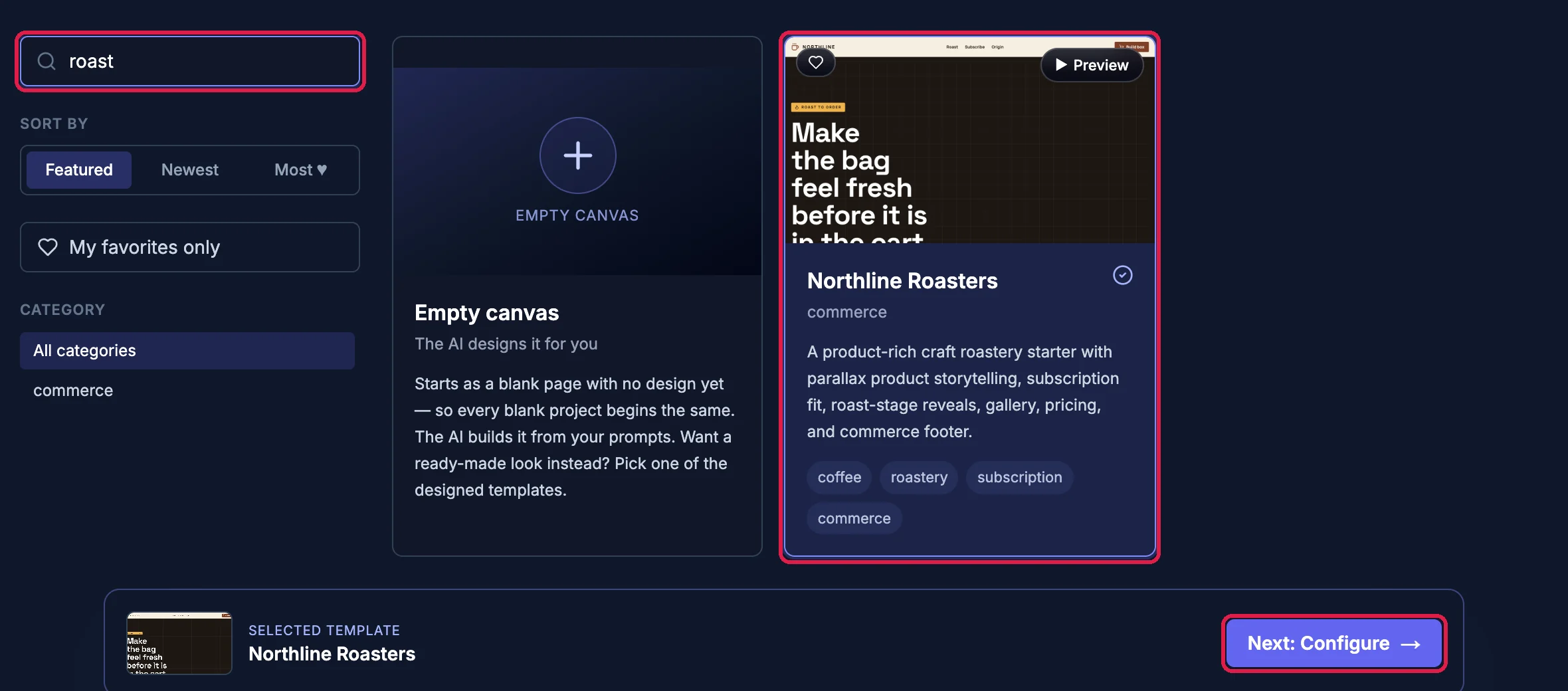 The template gallery: roast in the search box, the Northline Roasters card selected and the Next: Configure button, all outlined