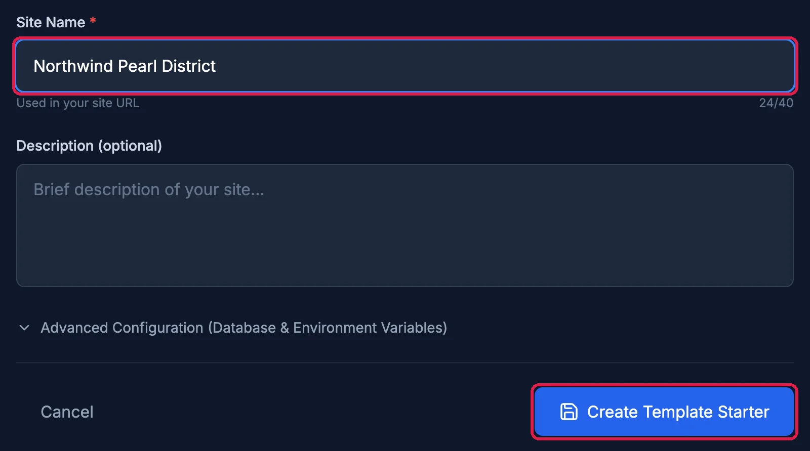 Site Name Northwind Pearl District and the Create Template Starter button, both outlined, with Description (optional) between them