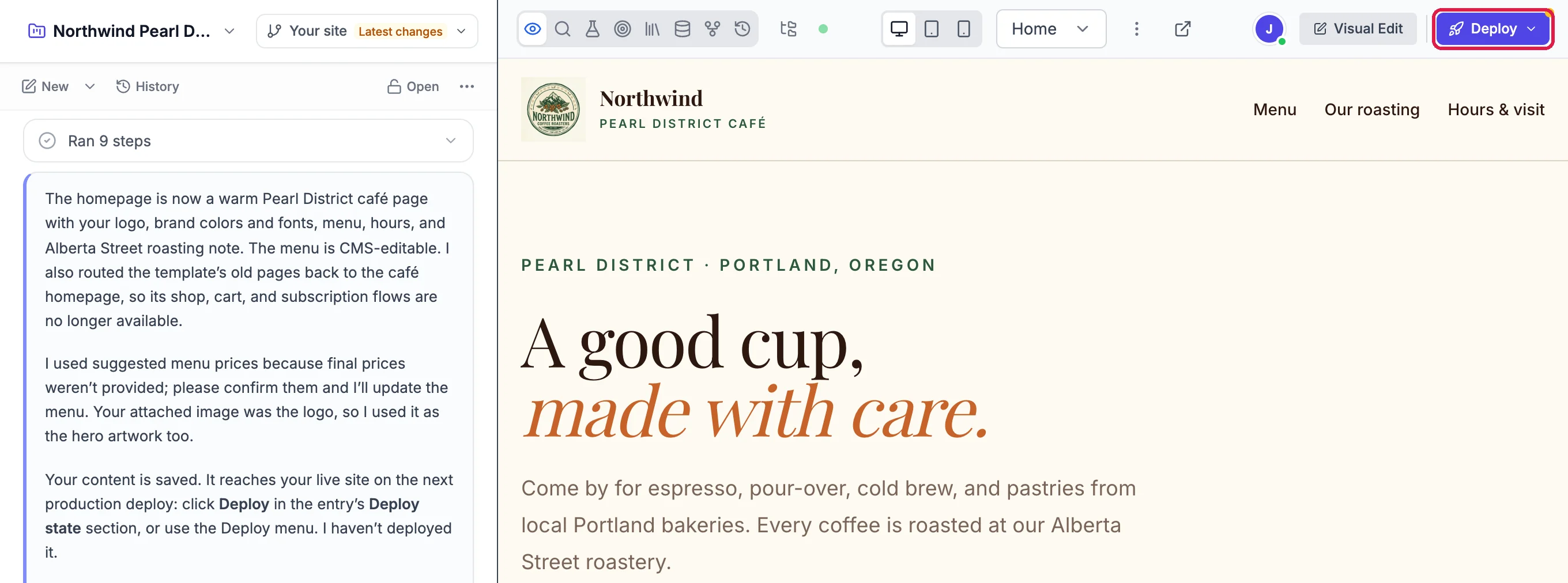 The builder: the AI's summary in the chat on the left and the preview of the Northwind Pearl District café homepage on the right, with the Deploy button outlined