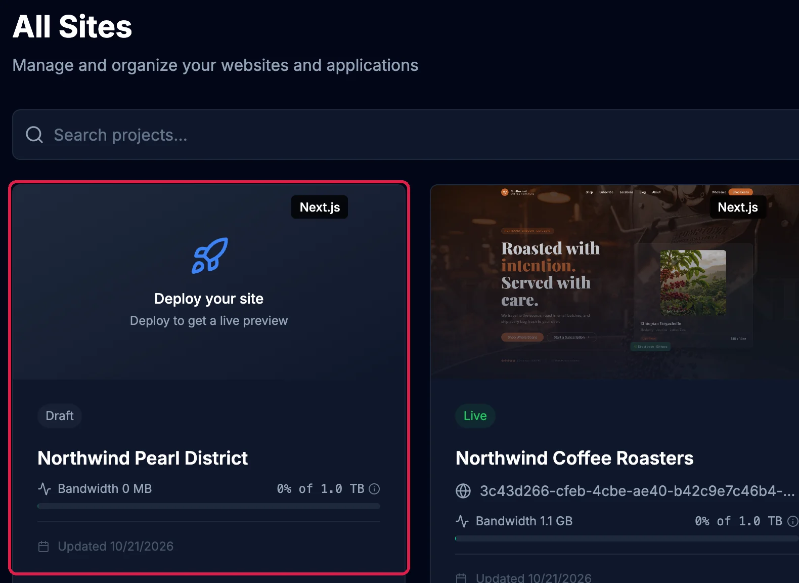 All Sites with the Northwind Pearl District card outlined: Draft, Deploy your site, Updated 10/21/2026, next to the live Northwind Coffee Roasters site