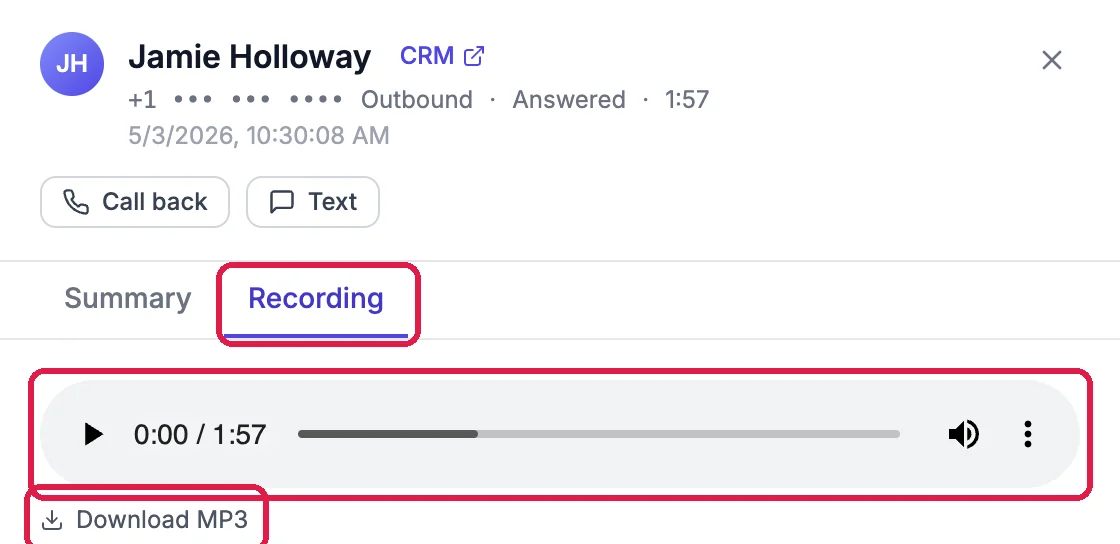 Jamie Holloway, CRM, the phone number hidden, Outbound, Answered, 1:57, 5/3/2026, with Call back and Text. The Recording tab, outlined, with the audio player, 0:00 of 1:57, outlined, and Download MP3, outlined