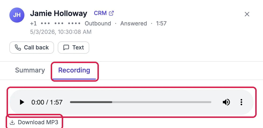 Jamie Holloway, CRM, the phone number hidden, Outbound, Answered, 1:57, 5/3/2026, with Call back and Text. The Recording tab, outlined, with the audio player, 0:00 of 1:57, outlined, and Download MP3, outlined