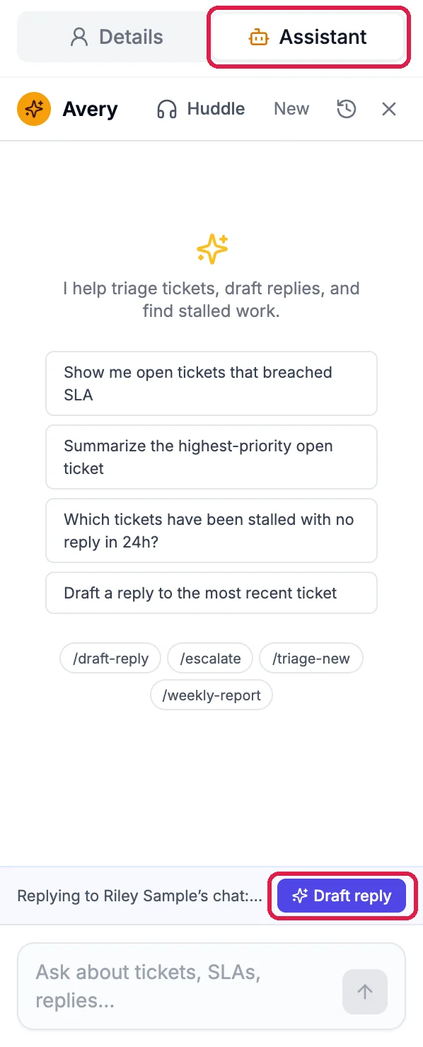 Details and Assistant tabs, with Assistant outlined. Avery and its suggestions. At the bottom: Replying to Riley Sample's chat, with the Draft reply button outlined