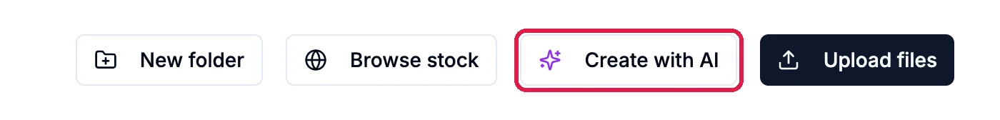 The Media Library buttons New folder, Browse stock, Create with AI and Upload files, with Create with AI outlined