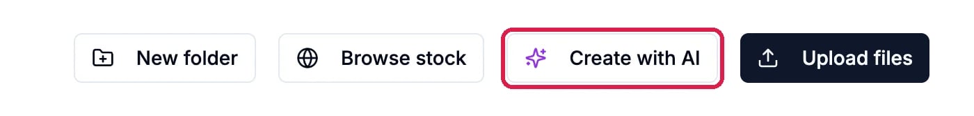 The Media Library buttons New folder, Browse stock, Create with AI and Upload files, with Create with AI outlined