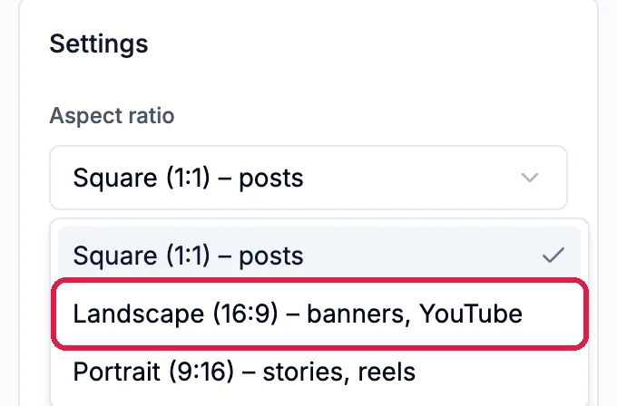 The Aspect ratio list open under Settings, with Landscape (16:9) banners, YouTube outlined