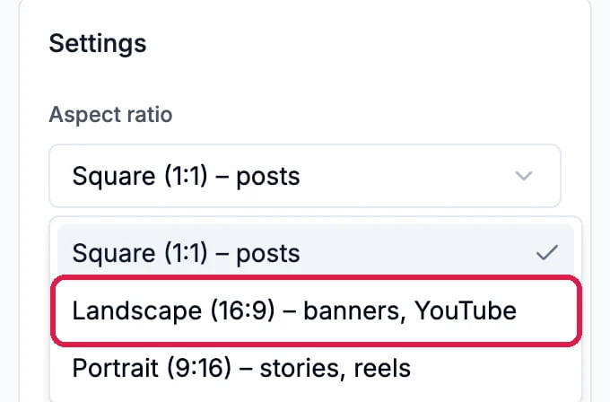 The Aspect ratio list open under Settings, with Landscape (16:9) banners, YouTube outlined