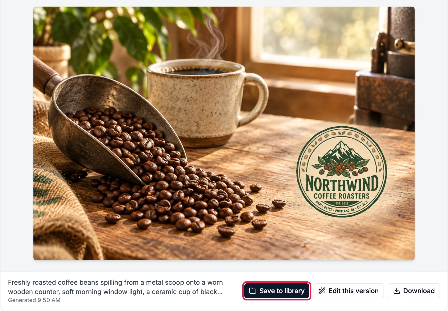 The first picture: coffee beans spilling from a metal scoop next to a steaming cup, with a large Northwind Coffee Roasters logo badge on the counter, and Save to library outlined