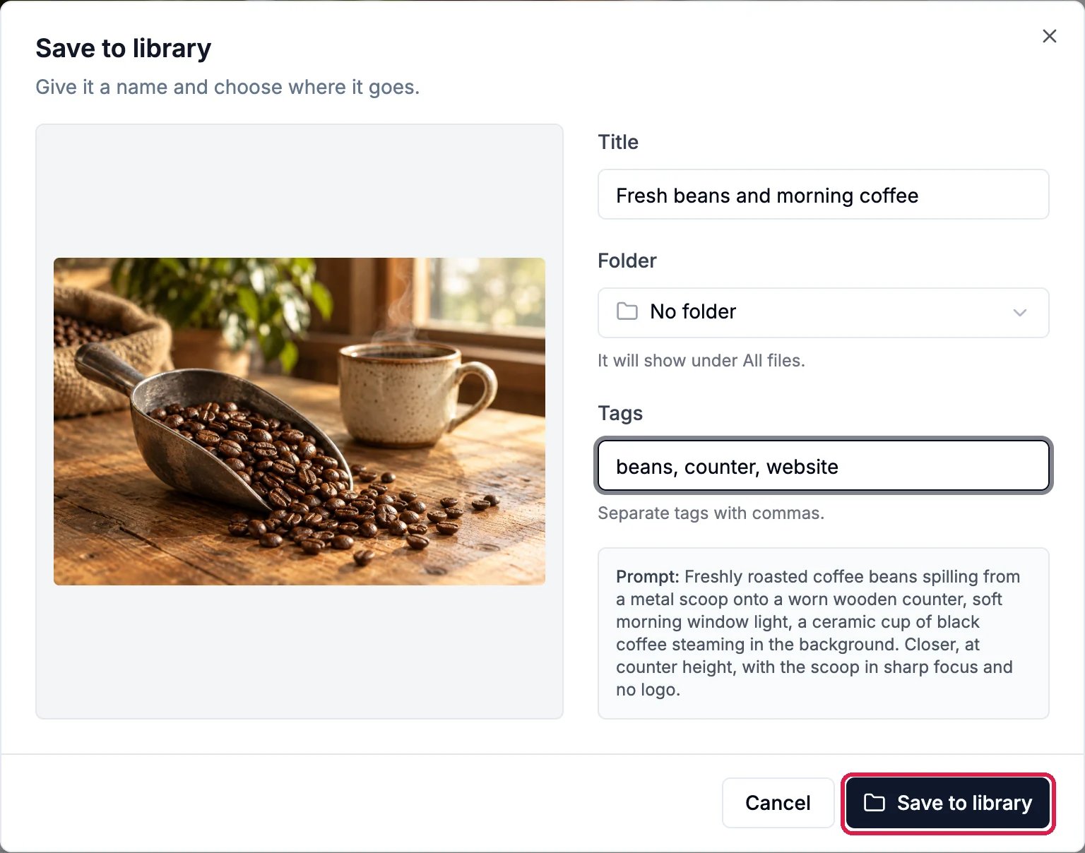 The Save to library box with the title Fresh beans and morning coffee, No folder, the tags beans, counter, website, the description it was made from, and the Save to library button outlined