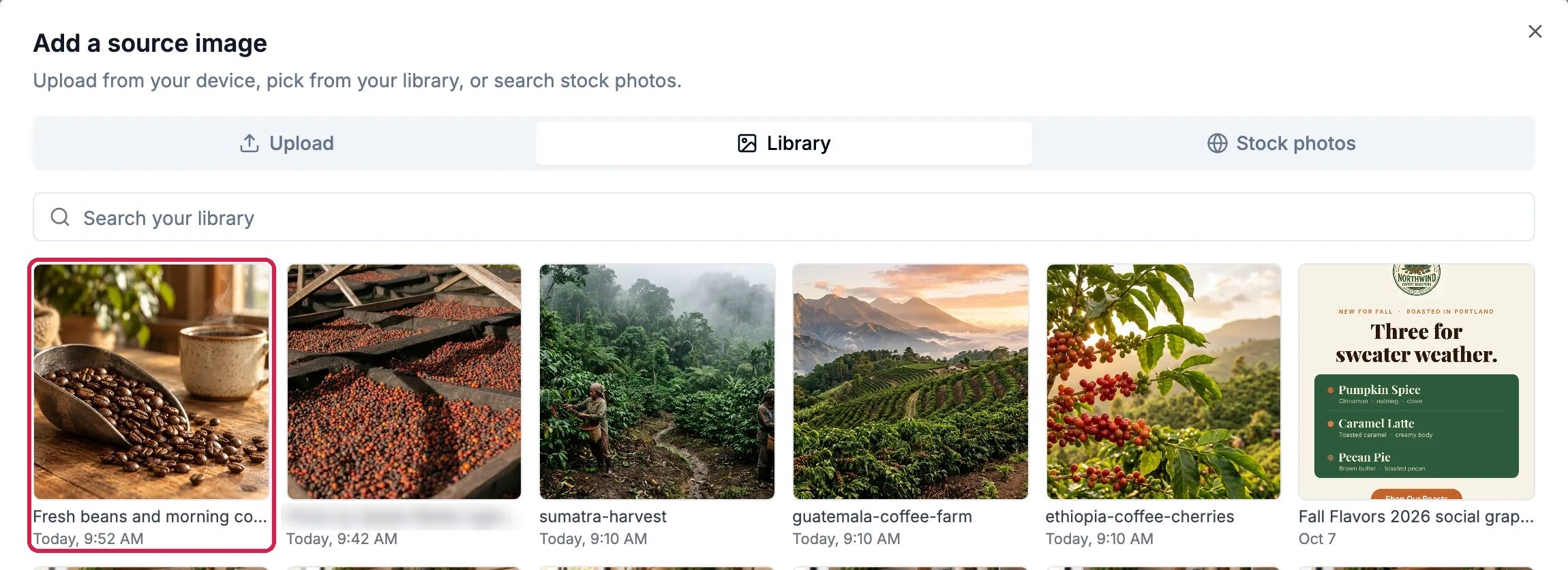 The Add a source image box on the Library tab, with the Fresh beans and morning coffee picture outlined