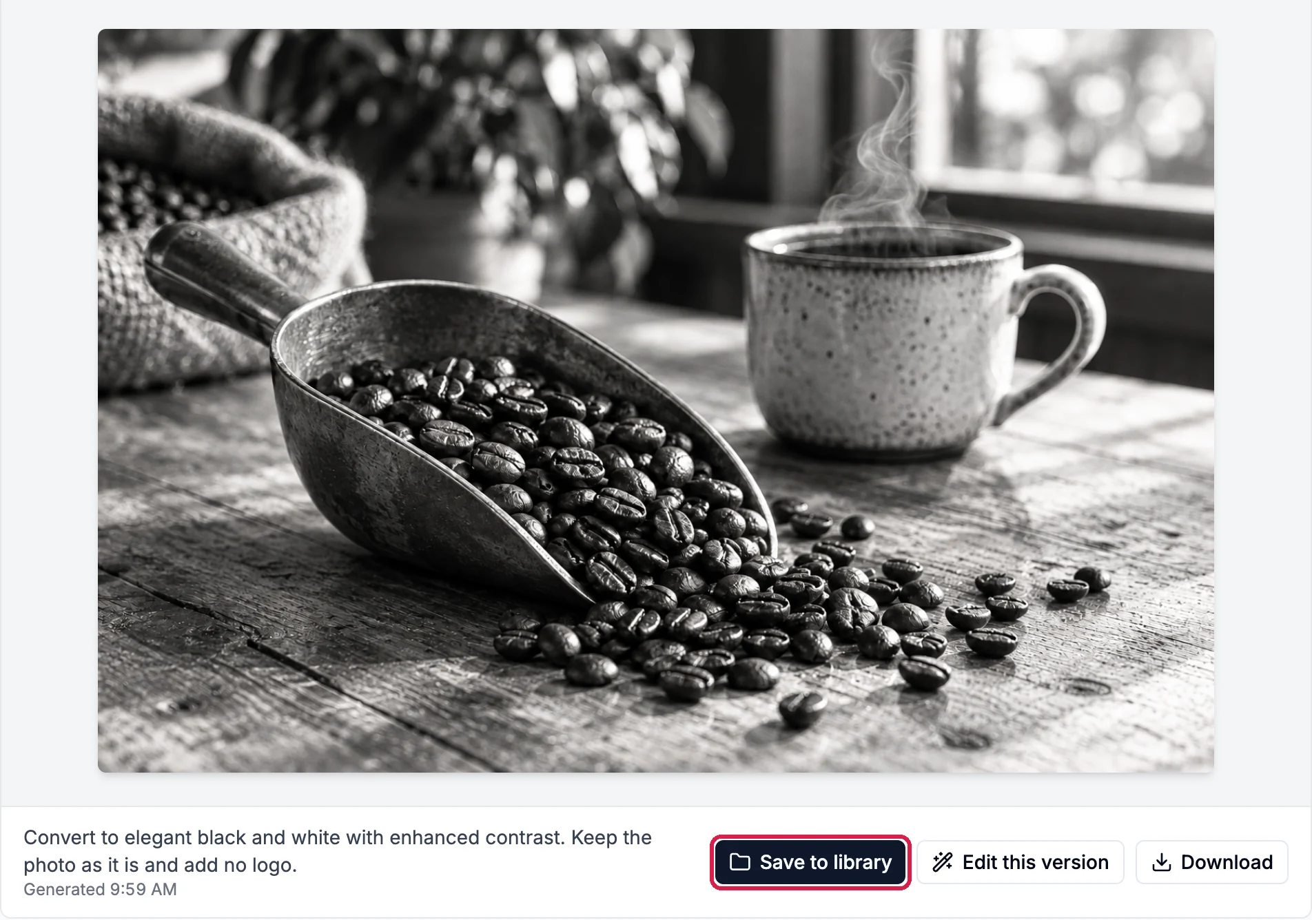The black and white version of the beans photo, with Save to library outlined