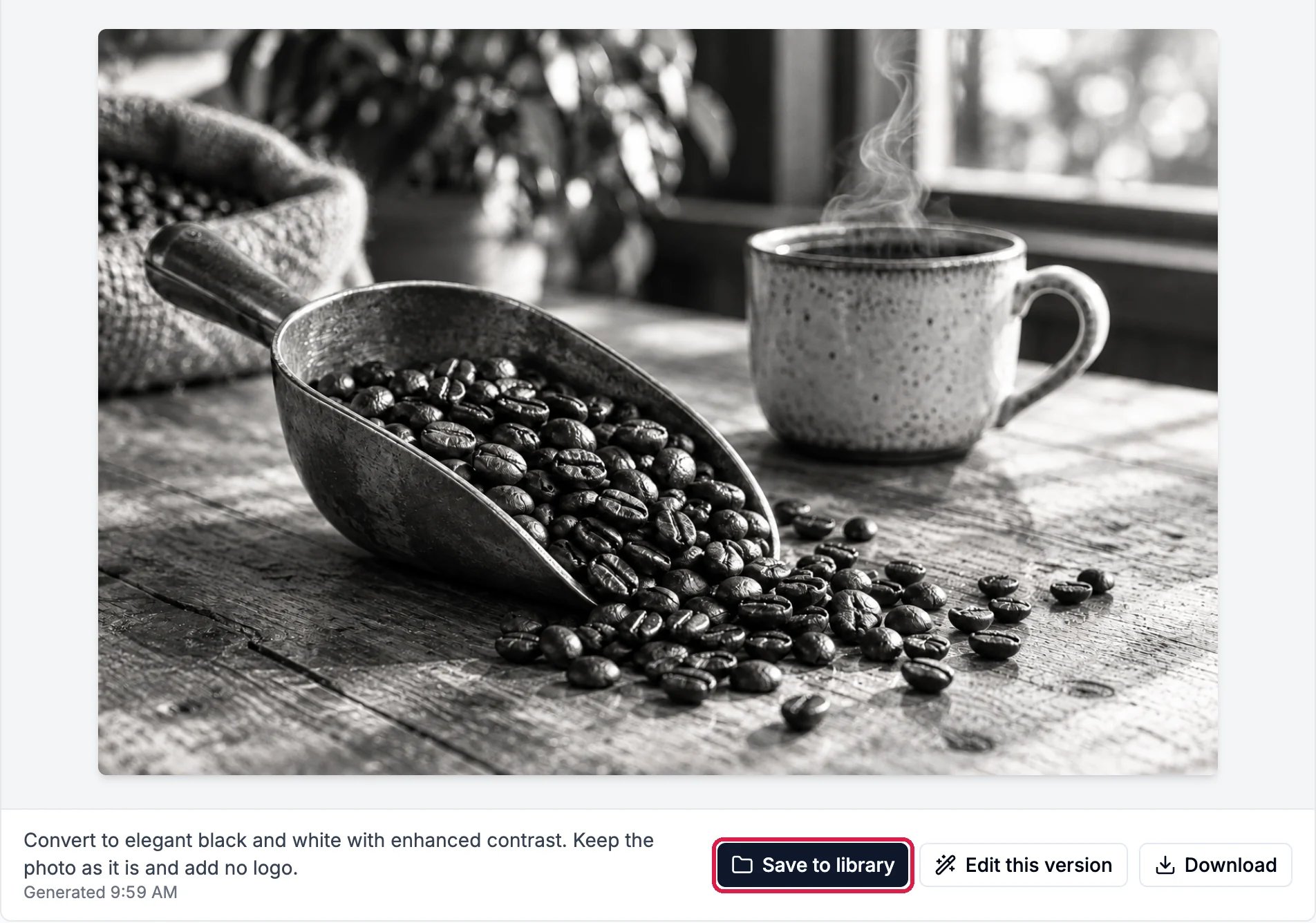 The black and white version of the beans photo, with Save to library outlined