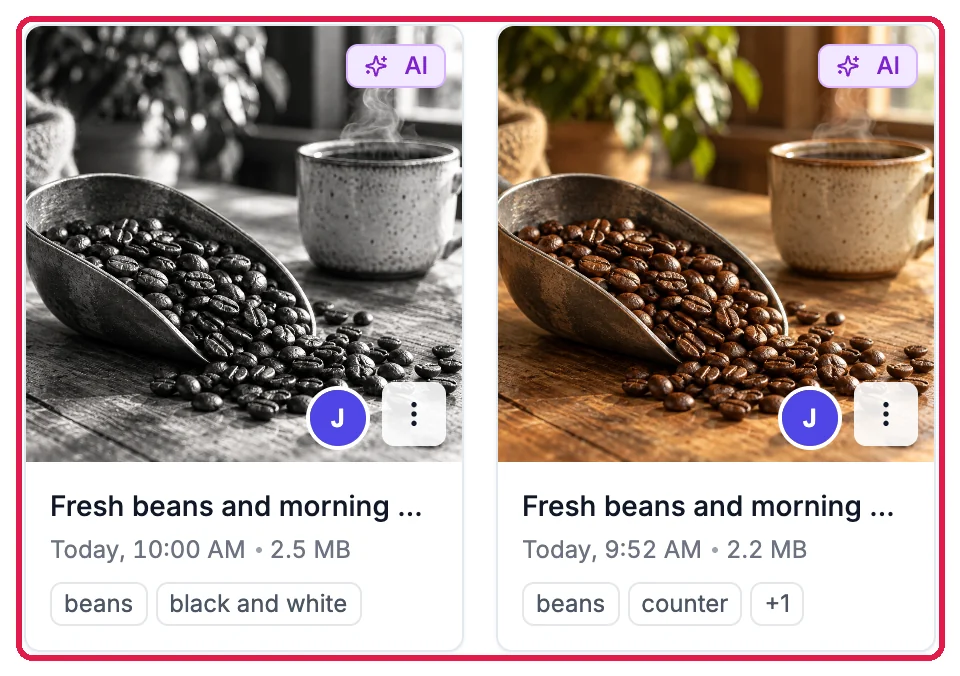 Two Media Library cards marked AI, Fresh beans and morning coffee in black and white and in color, outlined