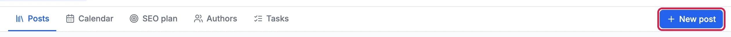 The Posts, Calendar, SEO plan, Authors and Tasks tabs, with the New post button outlined