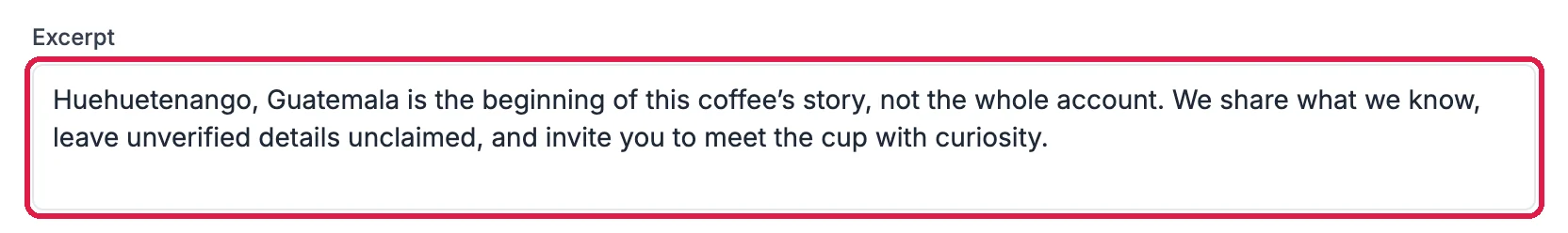 The Excerpt box with a two-sentence summary of the post, outlined
