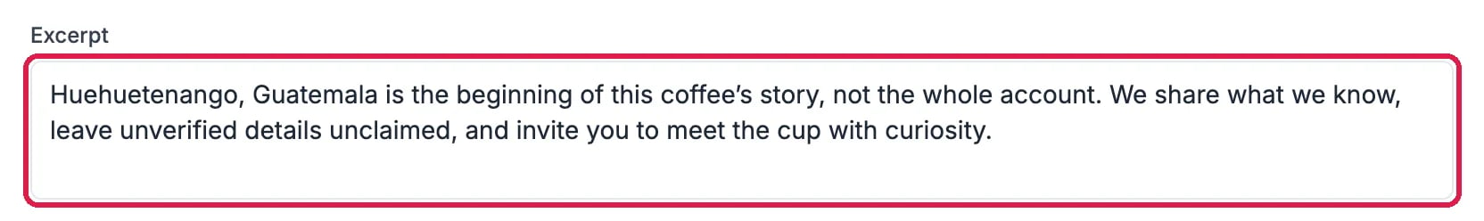 The Excerpt box with a two-sentence summary of the post, outlined